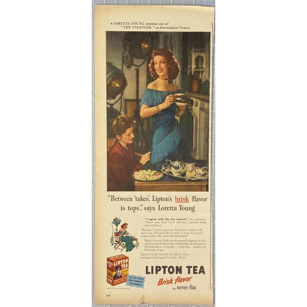 Lipton Tea "Loretta Young says: Lipton's brisk Flavor is Tops" Vtg Print Ad 1946
